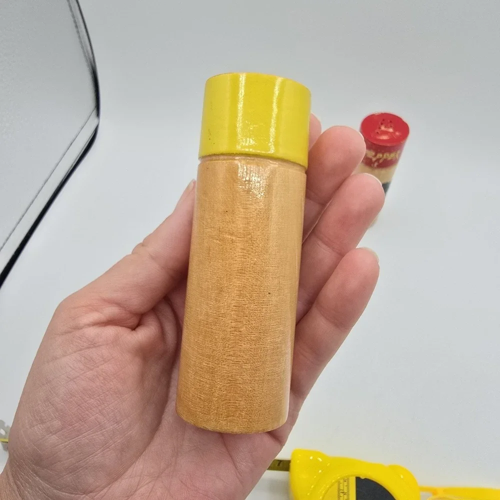 Vintage Salt & Pepper Shakers Red Yellow Wood Cylindrical with Chicken Design